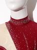 Women‘s Sparkly Rhinestone Leotard Dress Sheer Mesh Long Sleeve Mock Neck Color Blocking Asymmetrical Hem for Figure Skating Latin Performance