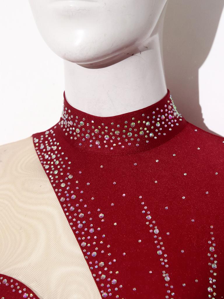 Women‘s Sparkly Rhinestone Leotard Dress Sheer Mesh Long Sleeve Mock Neck Color Blocking Asymmetrical Hem for Figure Skating Latin Performance
