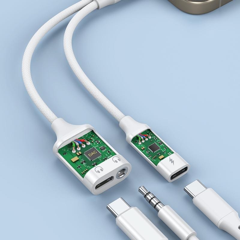 Разветвитель для наушников Type C с поддержкой PD60W, Hi-Fi звук, кабель в нейлоновой оплетке, одновременная зарядка и использование звука
