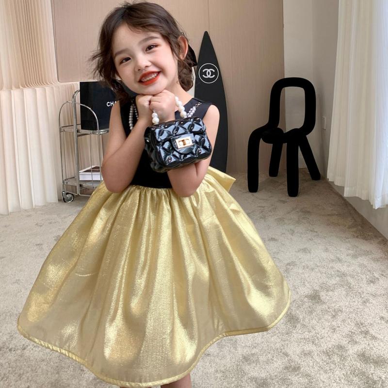Лето 2023 года, вечернее платье черного и золотого цвета для девочек, детская одежда принцессы с галстуком-бабочкой, платье для выступлений с открытой спиной, жилет с бисером, платья