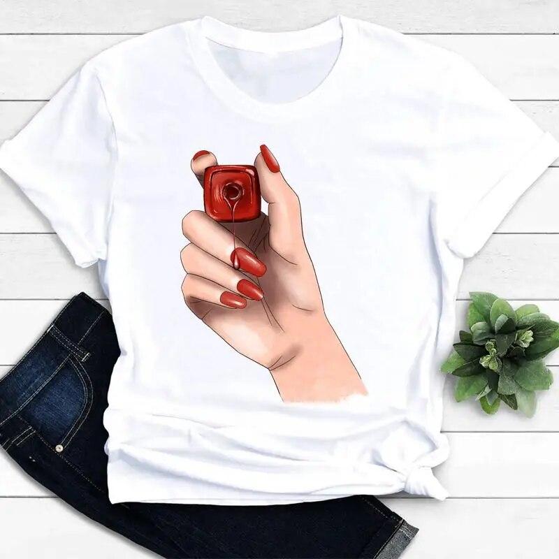 Women T-shirts Nail Art Lovely Spring Short Sleeve Ladies Fashion Casual Clothing Cartoon Clothes Female Tee Graphic Tshirt