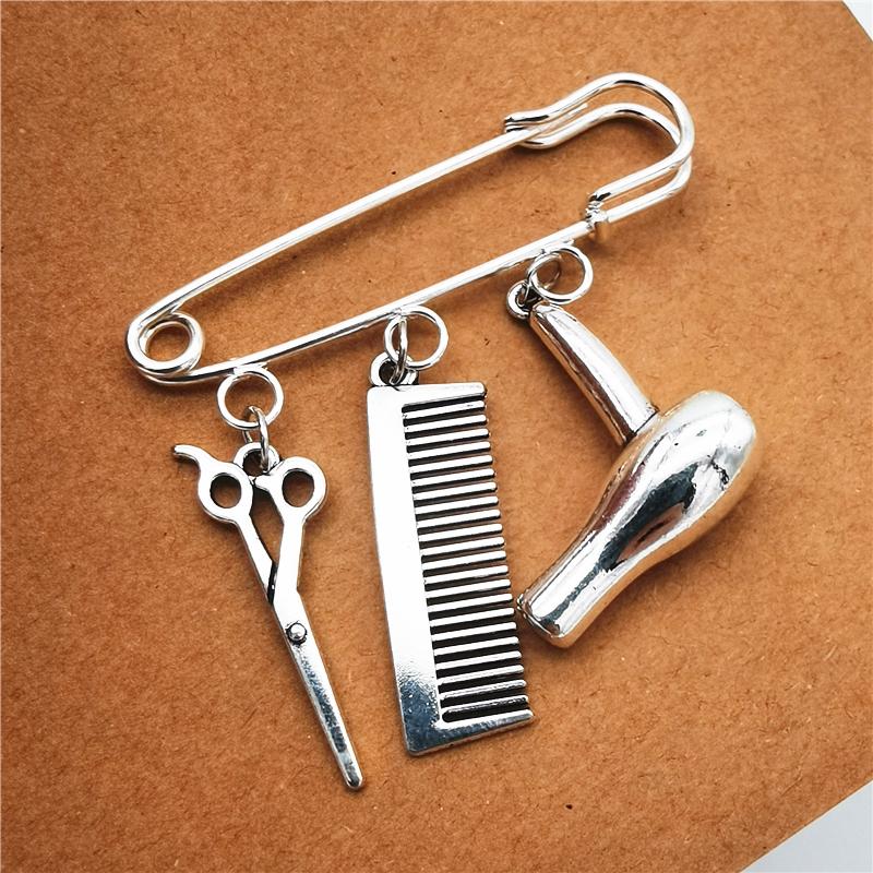 Серебряная брошь-подвеска для парикмахера с подвесками в виде фена, ножниц и расчески