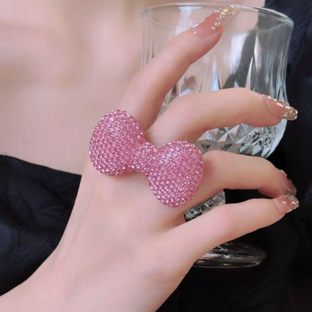Sparkle Bow Women Finger Ring Adjustable Y2k Millennial Ring Trendy Pink Bow Rings  Finger Charms