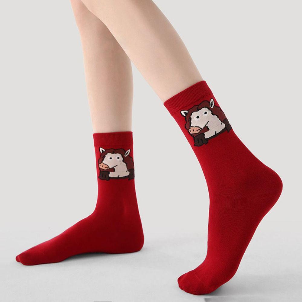 3Pairs Cartoon New Year Tube Socks Mid Calf Zodiac Year Socks Funny Red Cotton Socks Gift