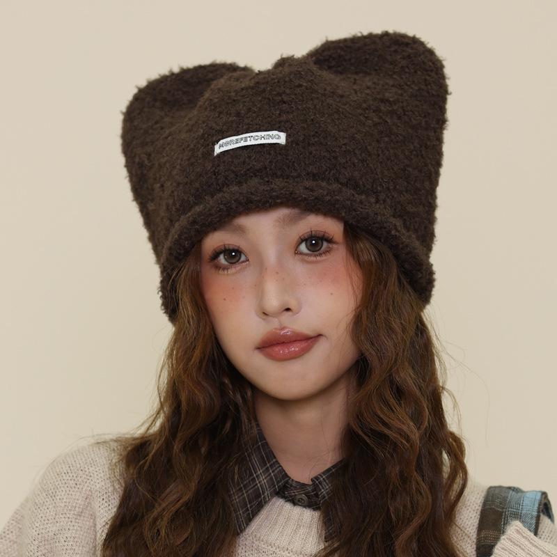 Корейская версия шапки с ушками Микки, вязаной из смесовой пряжи, милая универсальная осенне-зимняя теплая шапка для защиты ушей, открывающая лицо, маленькая шерстяная шапка, в наличии