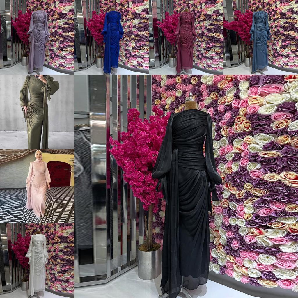 Polyester Pleated Dress With Long Sleeves For Elegant Women Spring