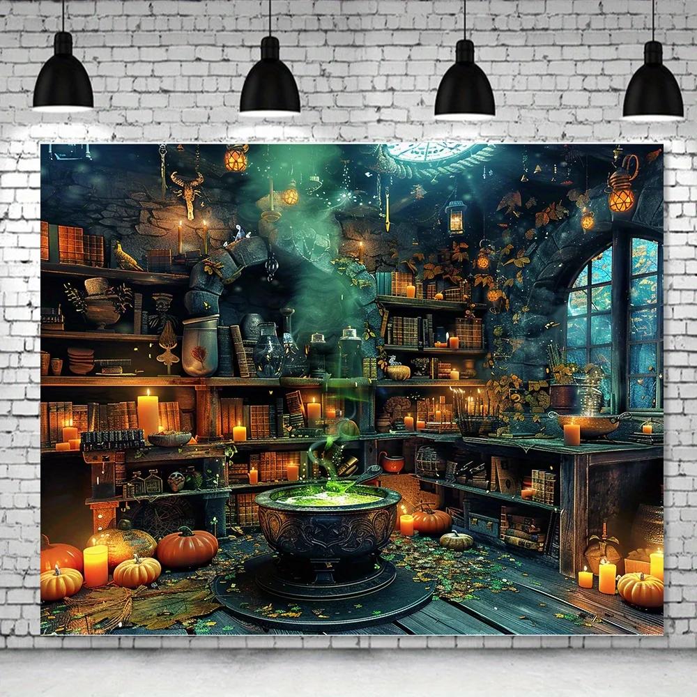 Halloween Horror Background - Witches and Magic Boiler Bookshelf Scene, Party Supplies