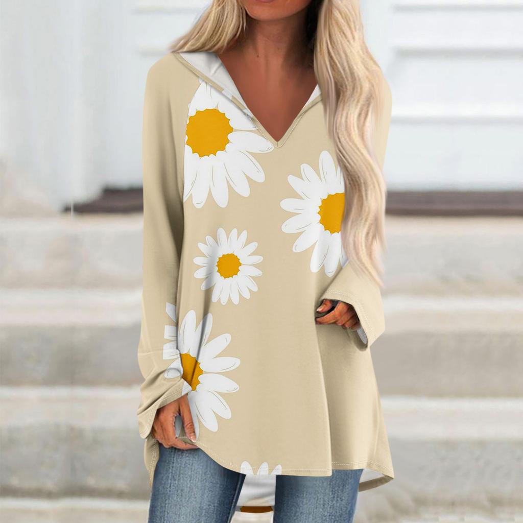 Women's V-neck Hooded Loose Long-sleeved Tops Casual Tops Home Leisure Pajamas Tops