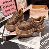 Fashion Spring Chunky Shoes Women's Fashion Round Head Deep Mouth Crystal Leopard Print Metal Buckle Waterproof Platform Heels