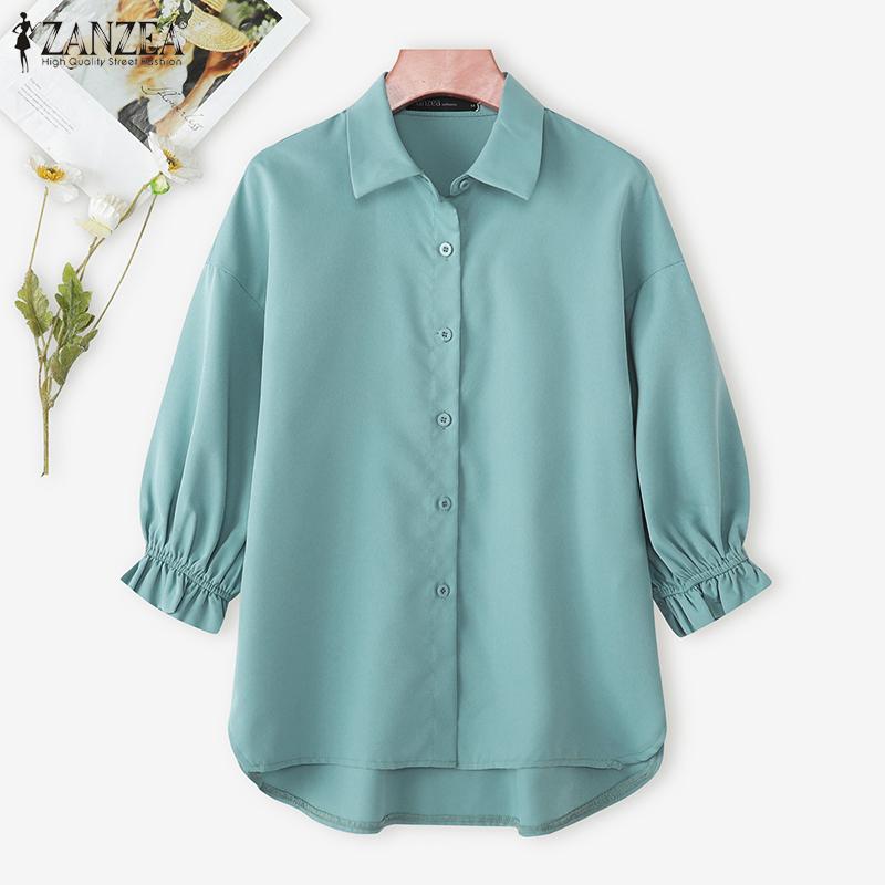 ZANZEA Women Casual Turn Down Collar Loose 3/4 Sleeve Hight Low Blouse