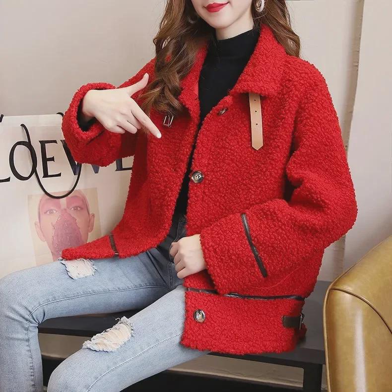 Women's Winter Oversized Lambskin Lapel Cardigan - Korean Style Thickened Sweater