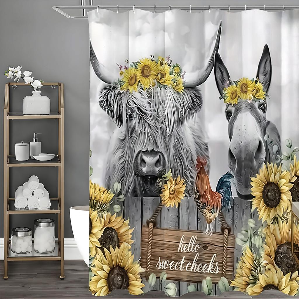 Подсолнух Шотландская корова и Осел Занавеска для душа, Декоративная занавеска для душа для ванной комнаты, Водонепроницаемая занавеска для душа с крючками