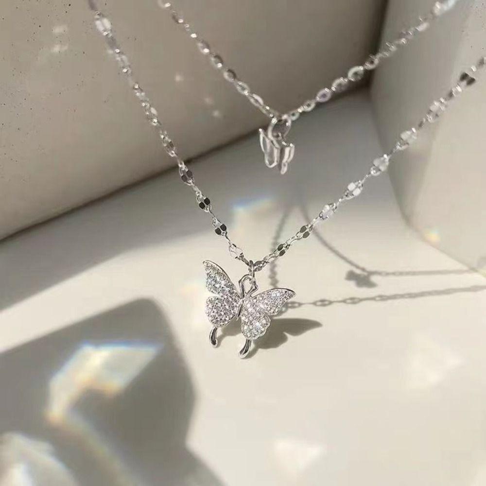 Exquisite Small Pendant Necklace Double Layer Clavicle Chain Shiny Butterfly Necklace  Ladies Gift