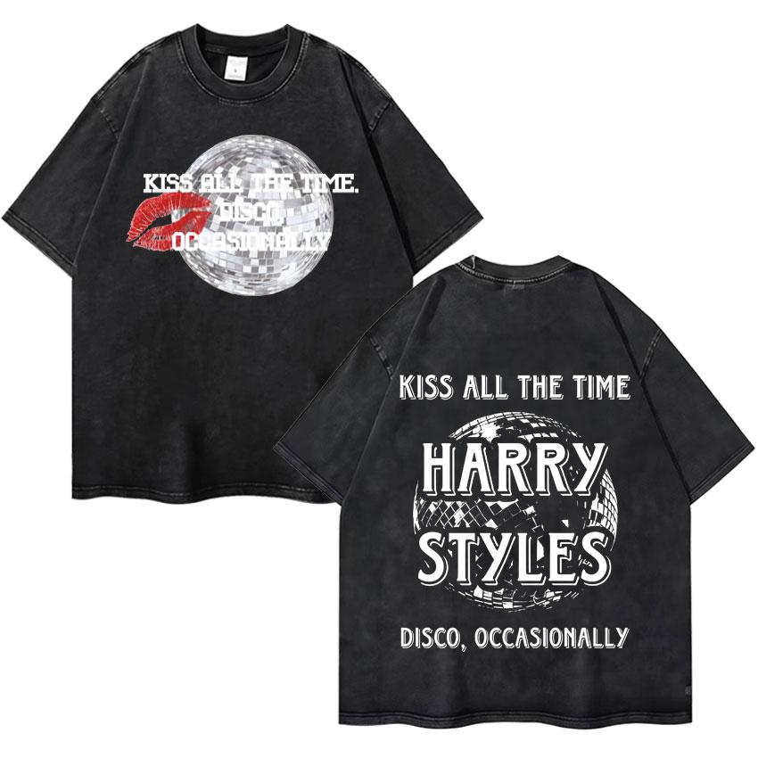Harry Styles Kiss All The Time Disco Occasionally  Tour High Quality Vintage Washed ONeck Tshirt Fan Gift Unisex Cotton Tee