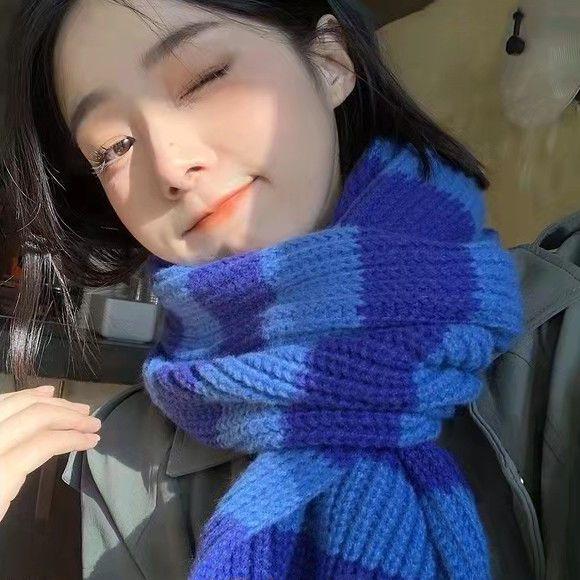 Women's Korean Style Blue Striped Knitted Scarf Autumn Winter Student Warm Versatile Neck-protecting Neck Warmer