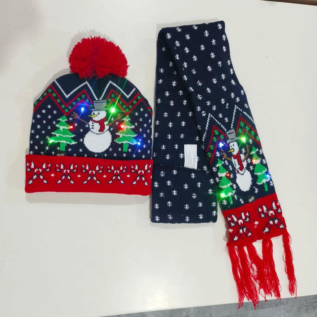 LED Light-Up Elk Jacquard Knit Hat & Scarf Set for Christmas & New Year.