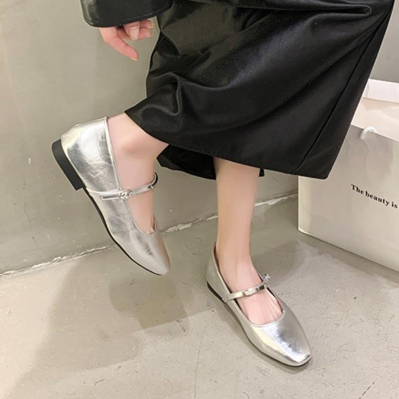 Модные туфли Мэри Джейн Женские Высококачественная кожа Пряжка Балетки для женщин Квадратный носок Плоские Коровья кожа Женские Одинарные туфли 2025