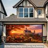 2D flat design, 1 piece, forest clearing at dusk, castle and small animal background fabric. Suitable for families and gardens.