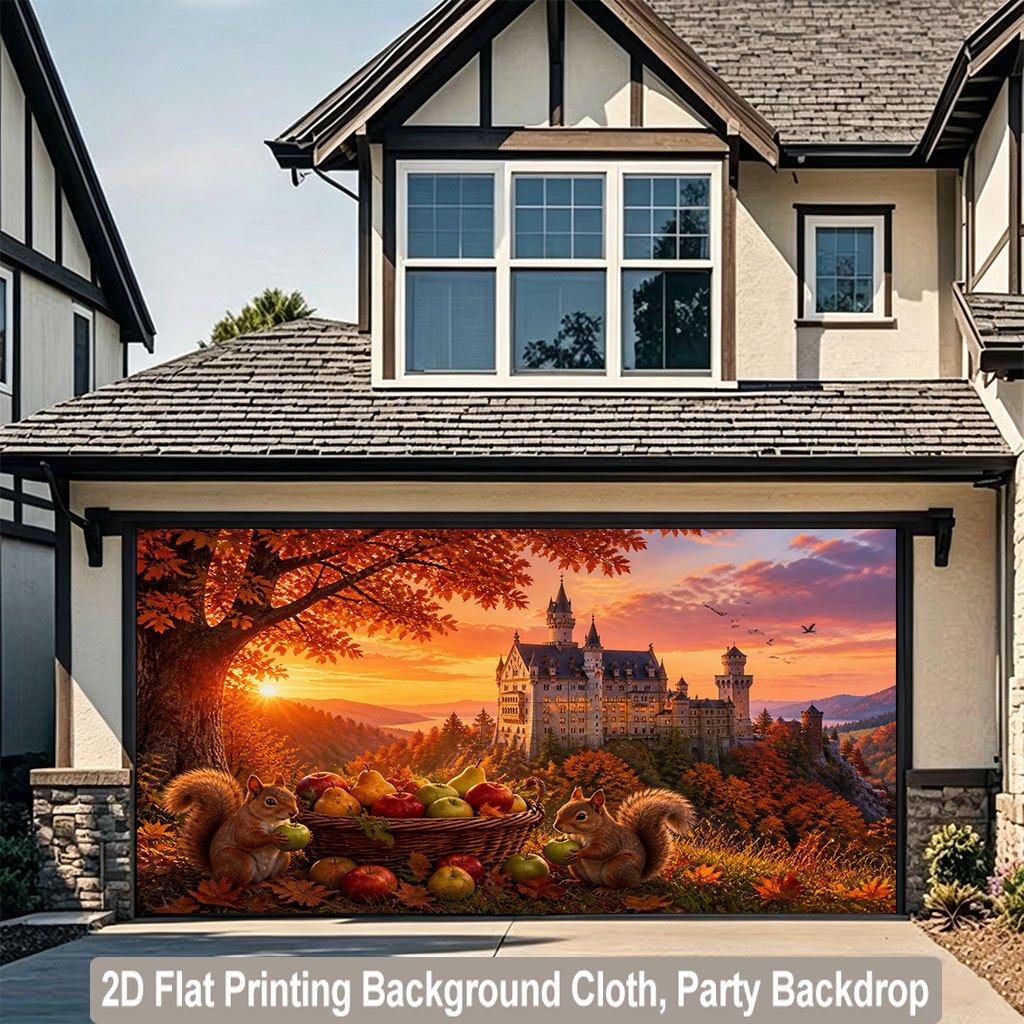 2D flat design, 1 piece, forest clearing at dusk, castle and small animal background fabric. Suitable for families and gardens.