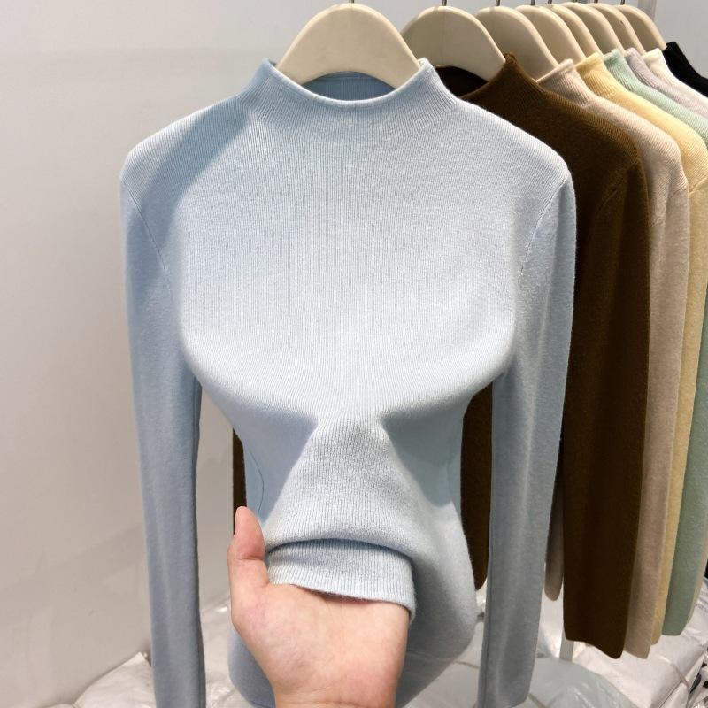 Утепленный теплый флисовый вязаный свитер с полувысоким воротником, женская весенняя мягкая восковая базовая рубашка, однотонный топ