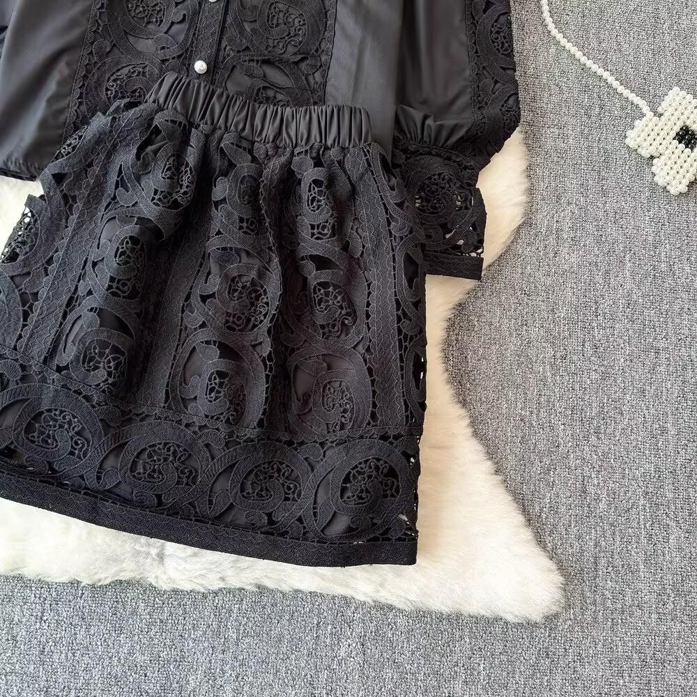 Spring Autumn Women Lace Patchwork Embroidery Designer Runway Outfits Fashion Single Breasted Shirt and Mini Short Skirt Two Piece Set