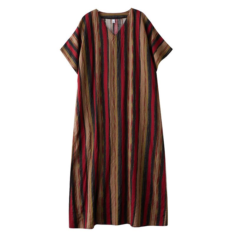 DIMANAF 2025 Летнее женское длинное платье больших размеров, свободное, оверсайз, винтажное, повседневное, с V-образным вырезом, базовое, в полоску