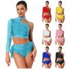One Shoulder Long Sleeve Crop Top and Back Feather Briefs Set - Womens Sparkly Rhinestone Latin Dancewear for Belly Dance Chacha Tango