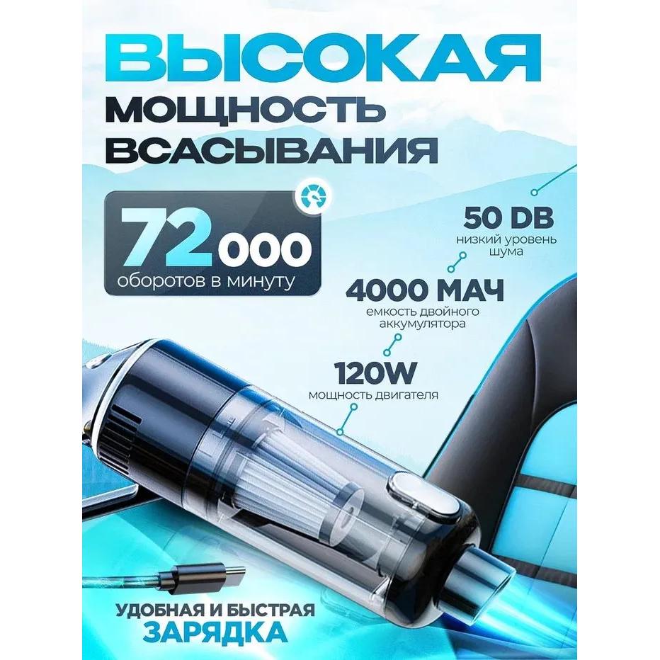 Пылесос для автомобиля и дома, беспроводной, мощный, ручной, аккумуляторный для сухой и влажной уборки с набором насадок, черный
