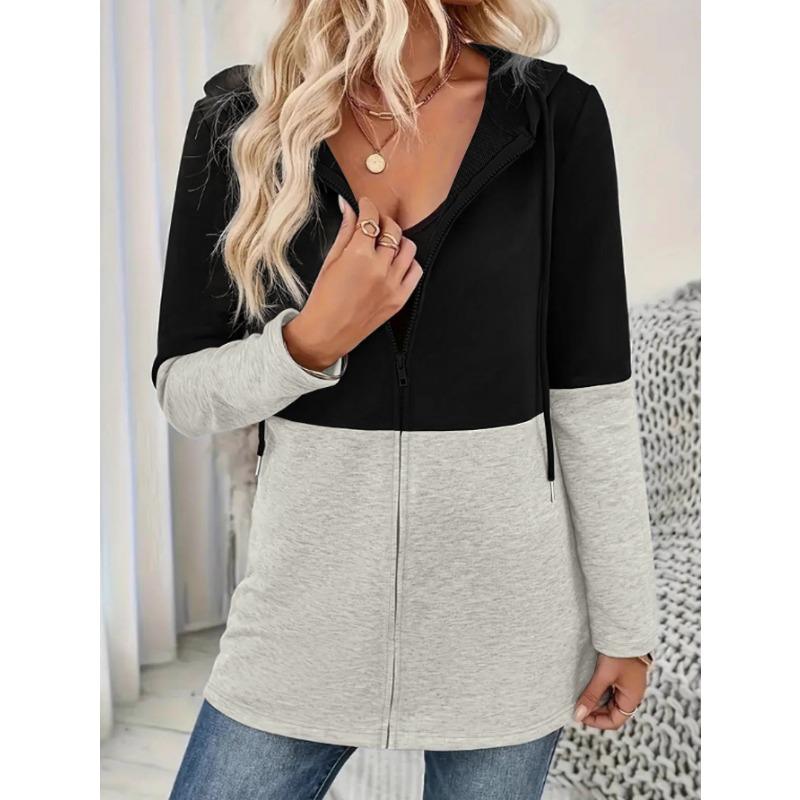 Women S Plus Size Casual Color Block Hooded Zip Up Sweatshirt Coat