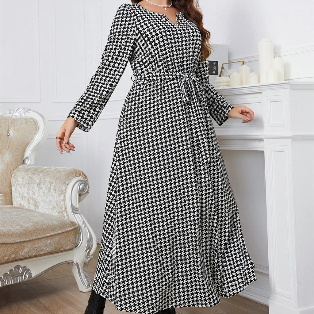 HNXC Женские модные осенние платья, повседневные платья с длинным рукавом и круглым вырезом в клетку с принтом