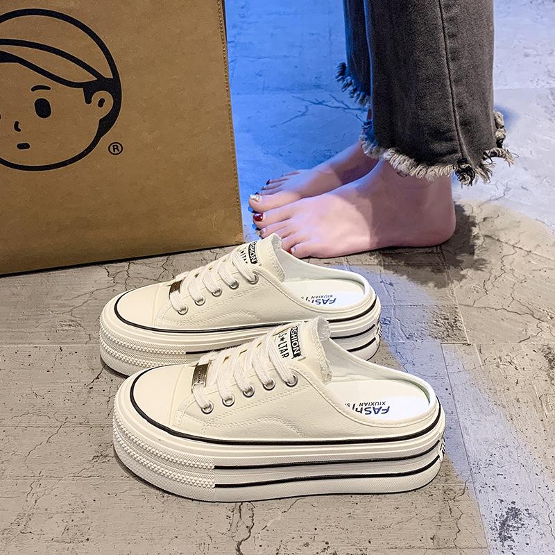 Baotou half slippers women without heels lazy canvas board shoes platform casual slippers casual slippers