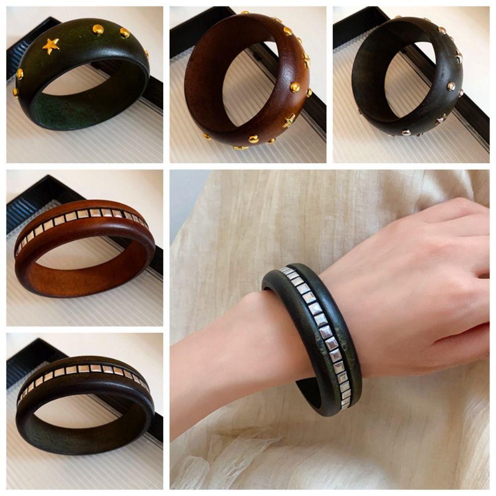 Chinese style Wooden Bracelet Wide Rivets Bangle Simple Round Bracelet  Party