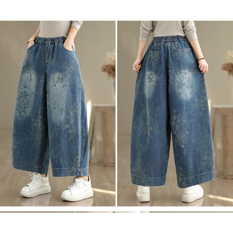 DIMANAF 2025 Большой размер Осенние джинсы Новые длинные брюки Цветочный принт Женские свободные джинсовые брюки Большой размер Повседневные