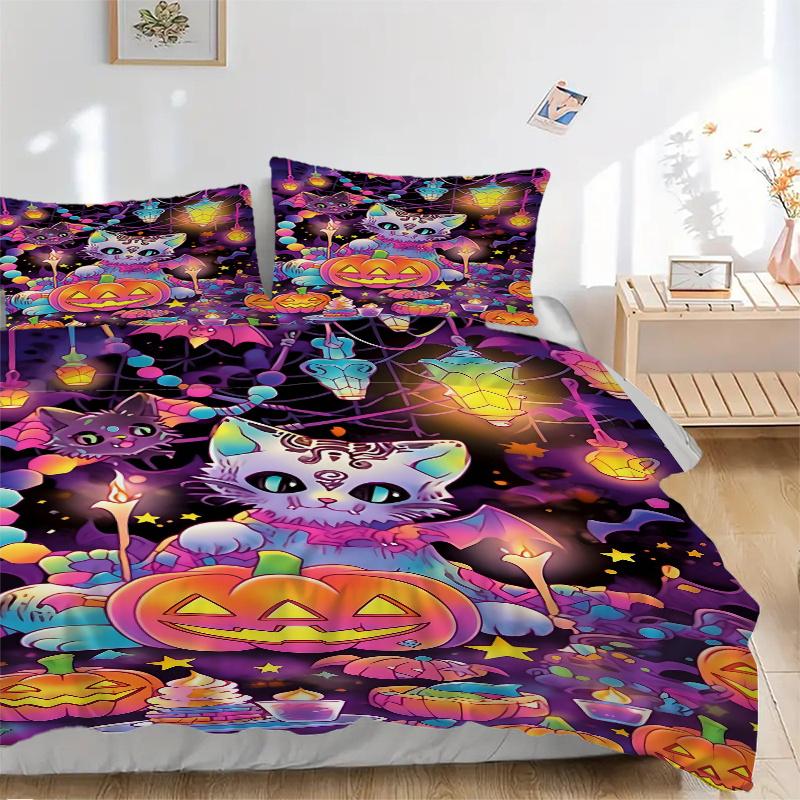 3pcs Halloween Themed Cats Pattern Bedding Set, 1* Cover + 2*Pillowcases, Printed Bedding Set, Soft and Comfortable, Suitable for Bedroom an