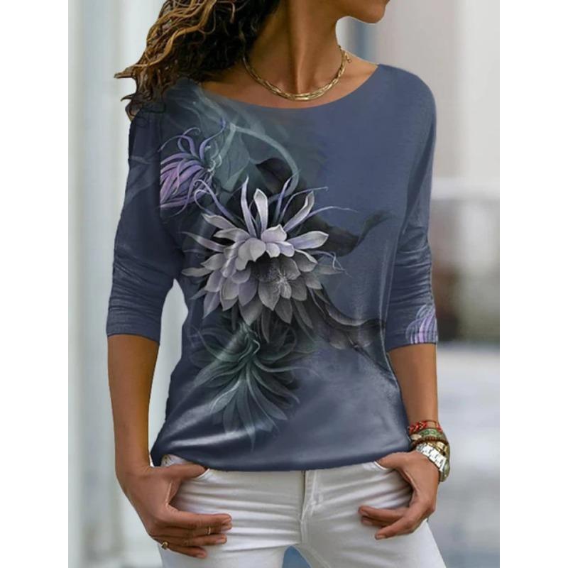 Осенняя универсальная женская футболка с длинными рукавами и цветочным принтом, обычный повседневный топ в стиле ретро с круглым вырезом и разноцветным принтом в стиле бохо
