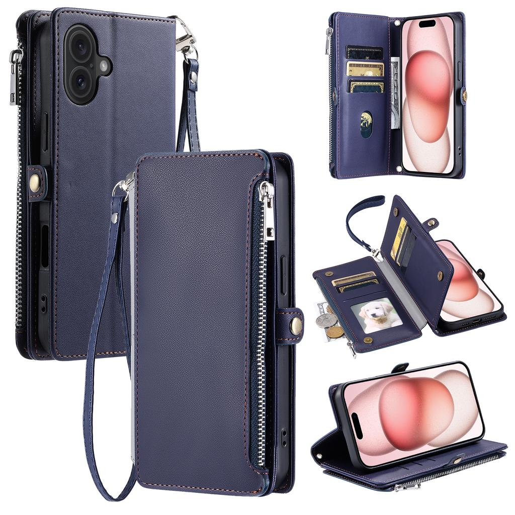 015 Style For iPhone 16 Plus Case Scratch-Resistant Leather Wallet Phone Cover with Straps
