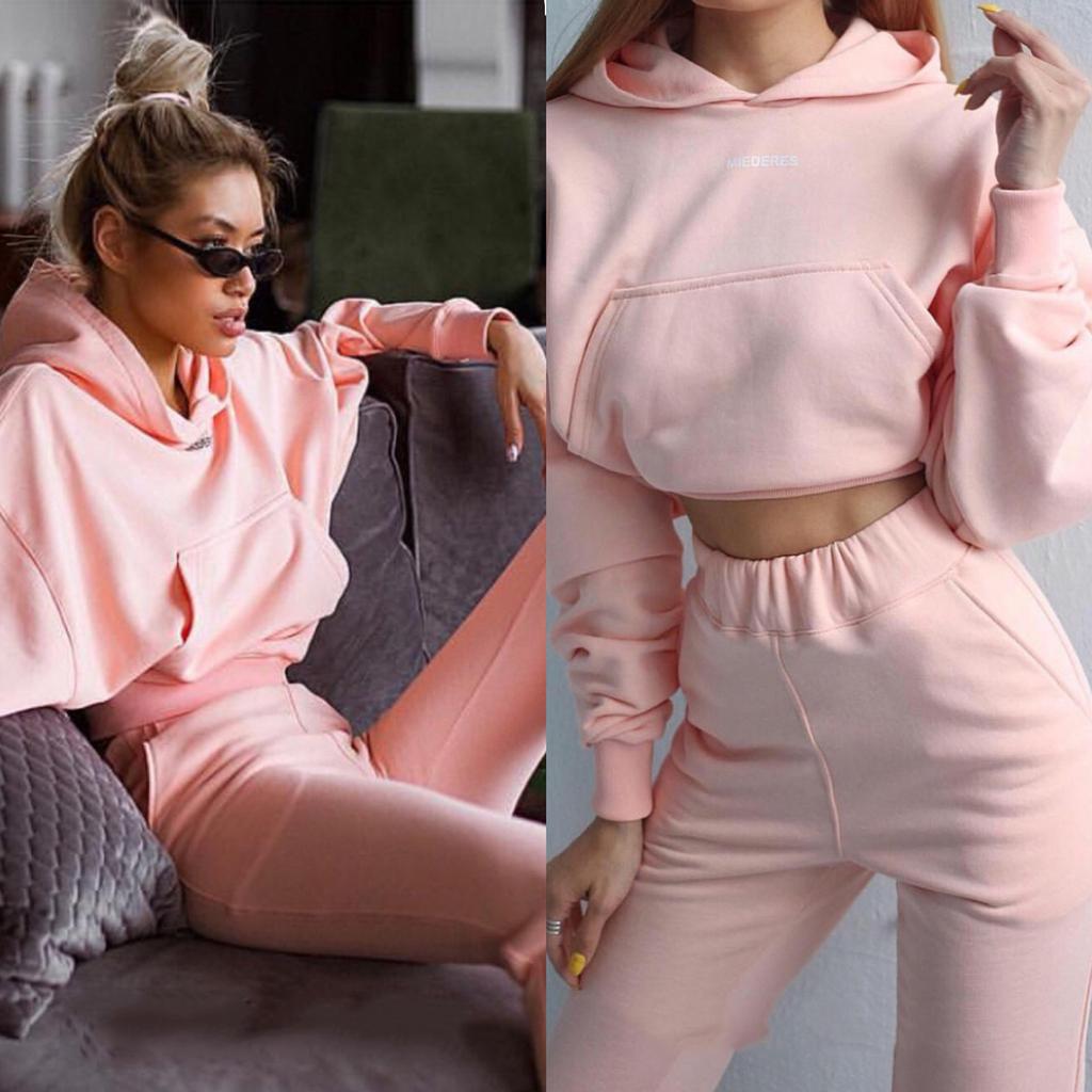 Women's Casual Solid Color Long Sleeved Short Hoodie Trousers Sports Suit