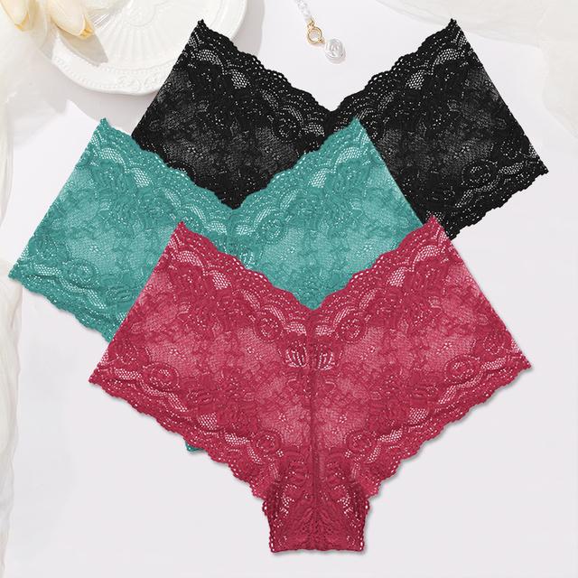 FINETOO Women Lace Boyshort Panties 3Pcs/set Low-Rise Underpants S-XL Ladies Floral Underwear Sexy Panties Comfortable Lingerie