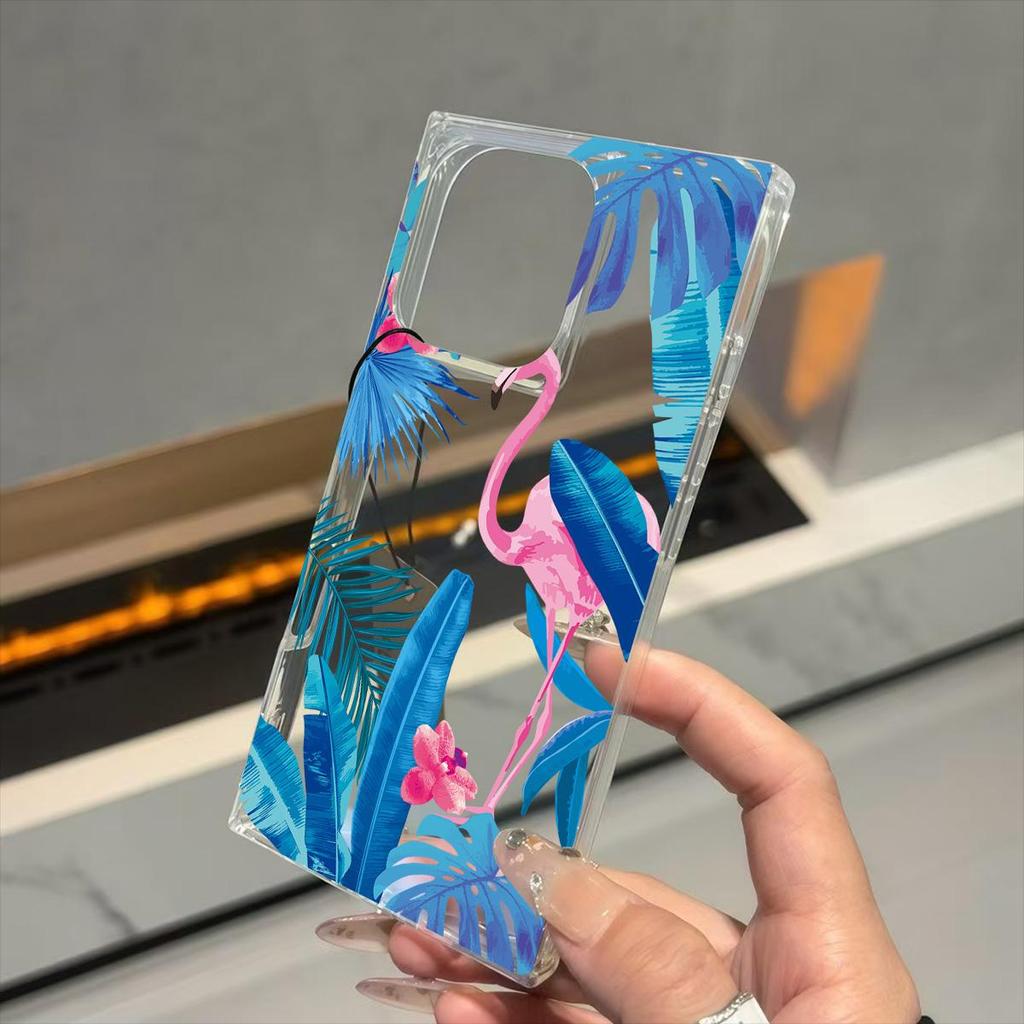 Clear Square Back Tube Case Protection For iPhone 11 15 Plus 14 Pro Max 13 16 ProMax 12 Anti-Oxygen,Blue Leaf Flamingo Pattern Casing