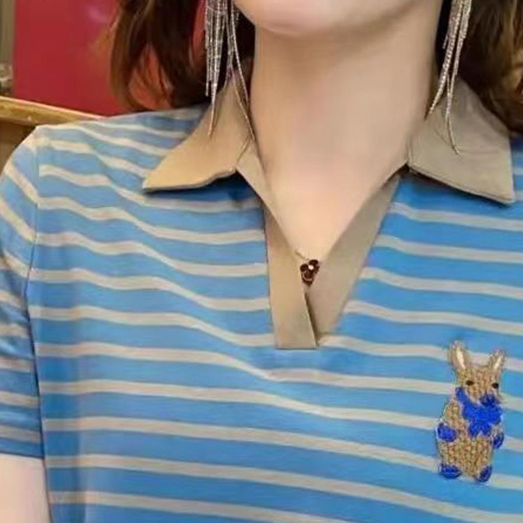 Summer Short Sleeve Women's V-neck T-shirt New Style Embroidery Elegant Fashion Casual Pullover Striped Cartoon Clothes Tops