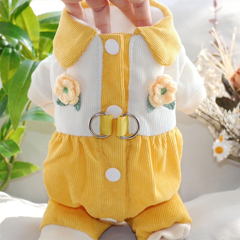 Pet Four-legged Cotton Clothes Three-dimensional Flower Dog Clothes Teddy Bichon Pomeranian Small Dog Poodle Autumn And Winter Clothes Winter