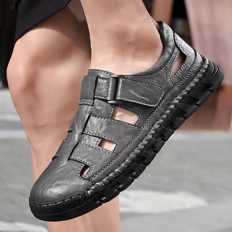 Mens Sport Sandals Breathable Outdoor Fisherman Shoes Adjustable Closed Toe Summer Leather Loafters