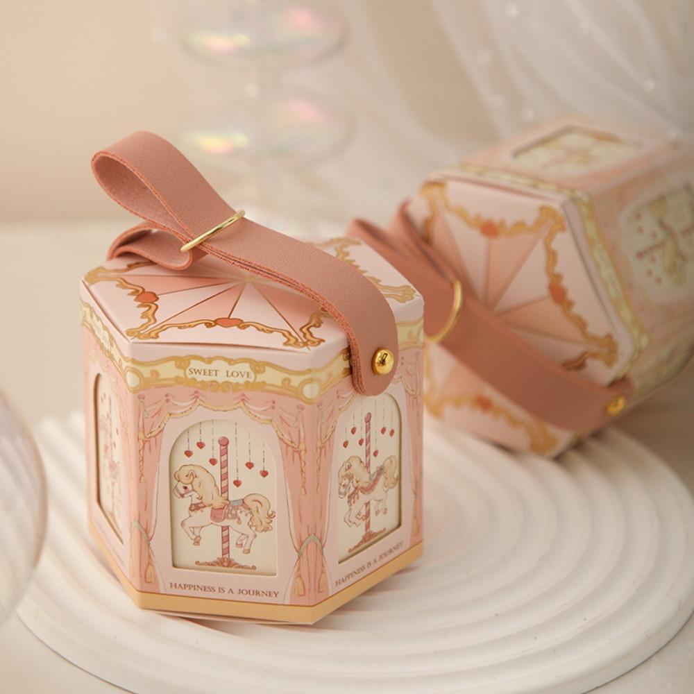 Leather Handle Carousel Gift Box Wedding Handheld Gift Bag Fashion Wedding with Hand Gift