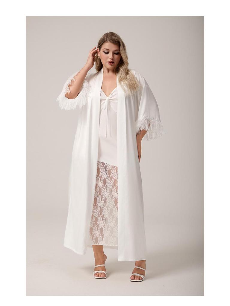 Yaoting Plus Size Satin Chiffon Feather Long Robe Pajamas WP5013