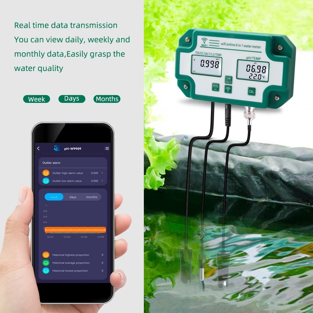 6-in-1 Water Testing Device Multifunction Smart Water Quality Monitor Mariculture Aquarium Digital PH EC TDS SAL S.G.Temp Meter