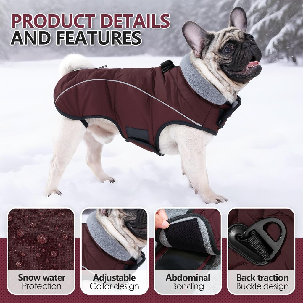 Dog Coat, Waterproof Winter Jacket,Warm Windproof Jacket, Reflective Adjustable Turtleneck Coats for Dogs with Hook & Loop