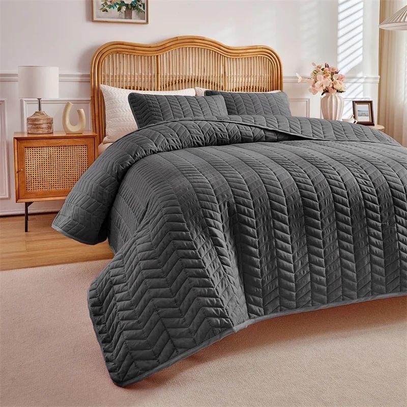 3pcs Set Quilted Bedspread, Solid Color Soft Breathable Bedsheet, 230*230cm+2pcs Pillowcase 51*66cm