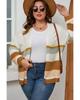 Beige Plus Size Striped Print Open Front Cardigan