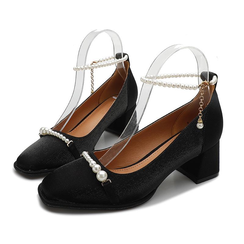 2025 новые ретро жемчужные туфли-лодочки на толстом каблуке женские с неглубоким вырезом, жемчужным ремешком Мэри Джейн, простые туфли-лодочки с квадратным носком и высоким каблуком