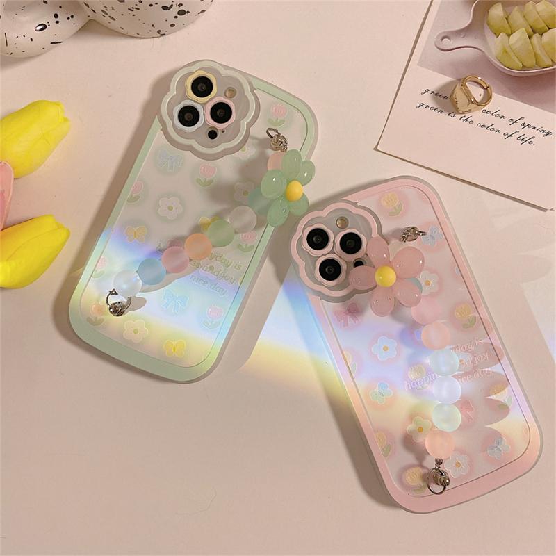 Korea Cute 3d Clear Flower Beads Bracelet Lens Protective Phone Case For Iphone 13 12 11 Pro Xs Max X Xr Shockproof Soft Cover